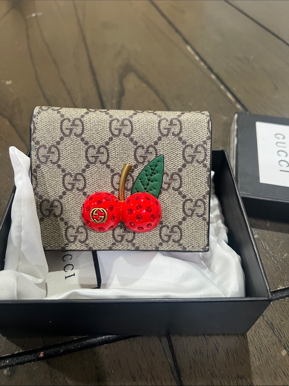 Beige Supreme Wallet with Red Cherry Appliqué and Green Leaf